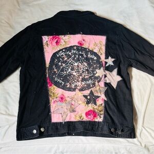 Custom appliquéd black denim jacket